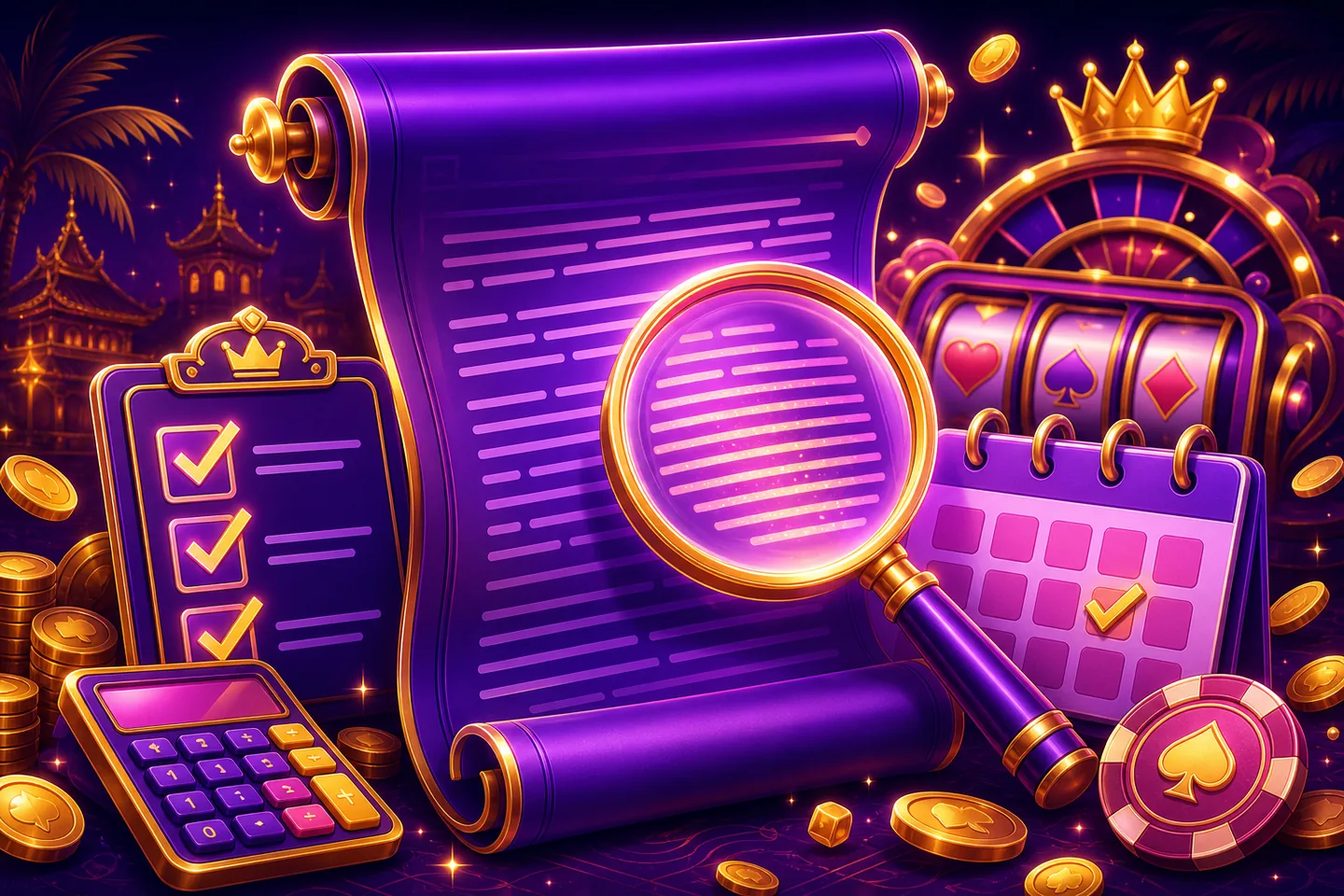 Ilustrasi Pandora88: membaca syarat dan ketentuan dengan kaca pembesar dan daftar periksa
